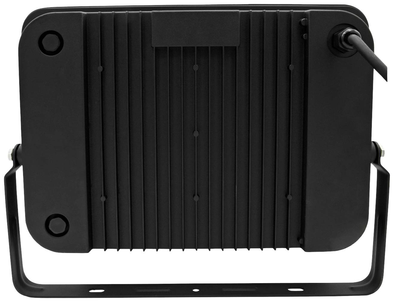 Rückansicht eines schwarzen LED-Strahlers mit Hitzeflächen, Halterung und Stromkabel.