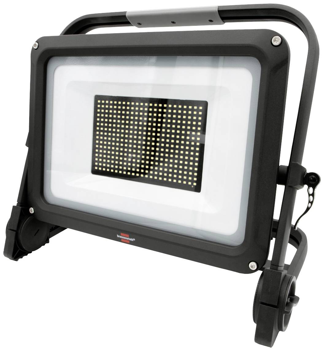 Tragbarer LED-Fluter, schwarz, rechteckig, mit integriertem Gittermuster, auf einem verstellbaren Metallständer befestigt.