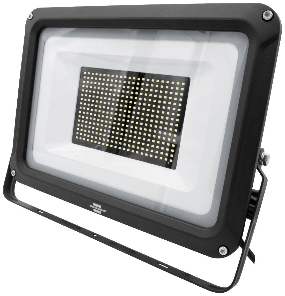 Schwarzer LED-Flutlichter mit zahlreichen kleinen gelben LEDs auf Metallrahmen. Verwendet für Außenbeleuchtung oder Arbeitsstättenbeleuchtung.