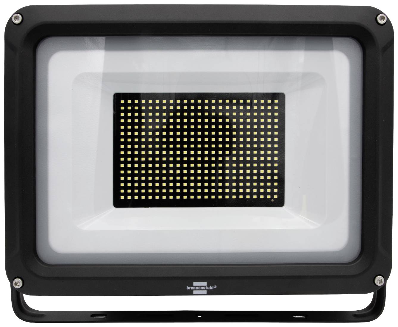 LED-Strahler mit schwarzem Rahmen und rechteckigem Leuchtfeld, geeignet zur effizienten Beleuchtung von Innen- oder Außenbereichen.