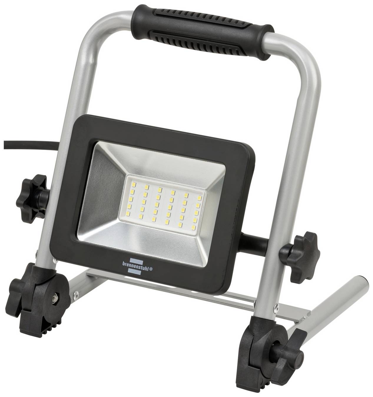 Ein tragbarer LED-Baustrahler mit silbernem Gehäuse und schwarzem Griff auf einem stabilen Ständer. Ideal für Baustellenbeleuchtung.