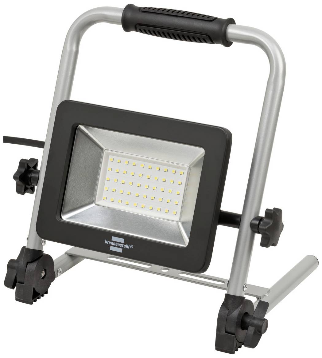 Ein tragbarer LED-Baustrahler mit Metallrahmen und Gummi-Griff. Ideal zur Beleuchtung auf Baustellen oder in Werkstätten.