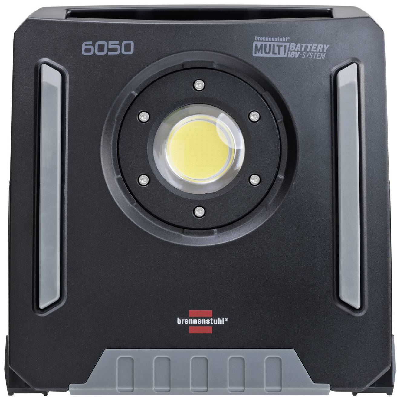 Schwarze LED-Baustrahler mit zentraler runder Leuchte, Marke brennenstuhl, Modell MULTI BATTERY 18V SYSTEM.