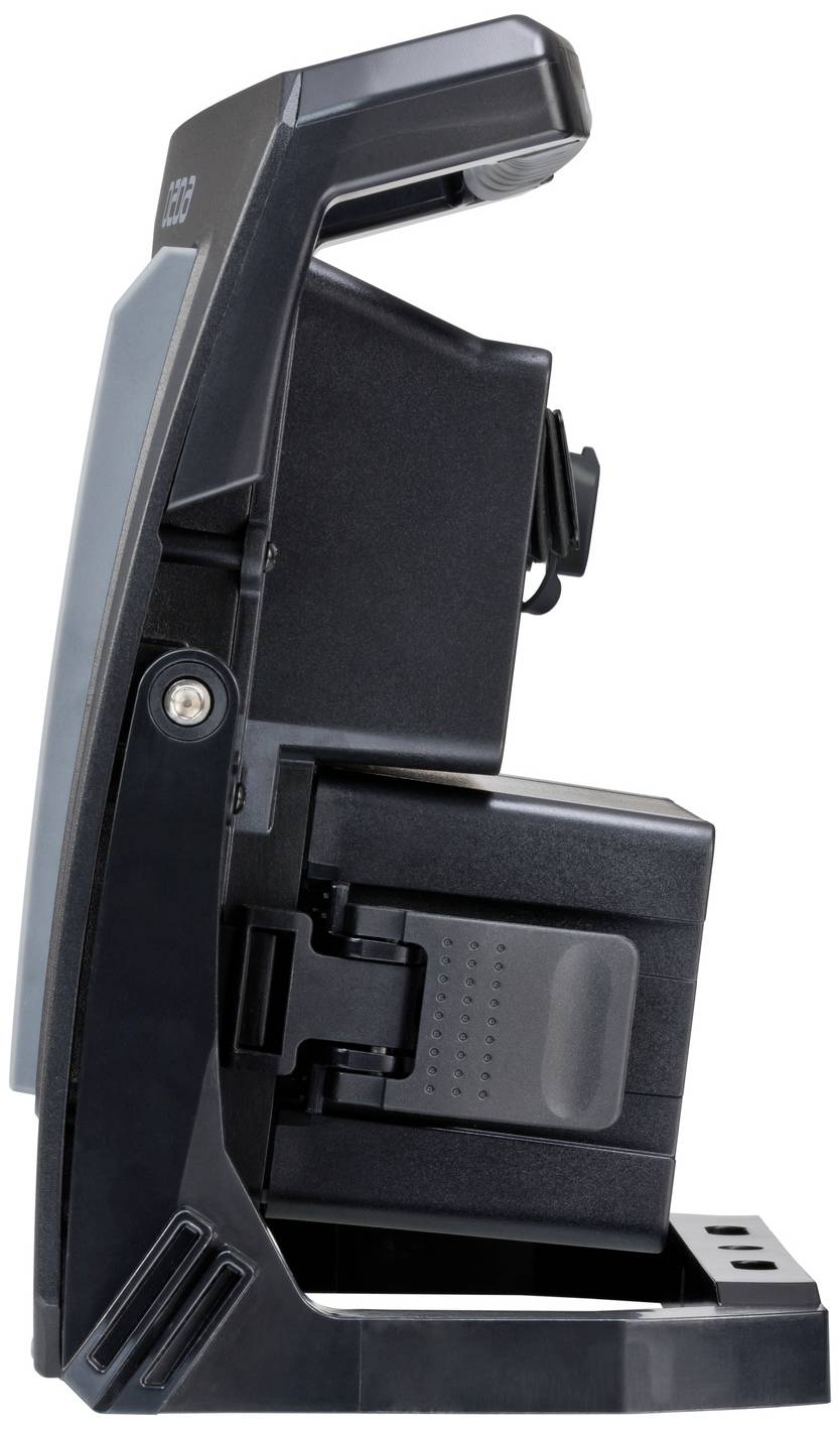 Ein tragbares Gerät mit Bildschirm und Scanner, seitliche Ansicht. Geeignet für Lagerhaltung und mobile Datenerfassung.