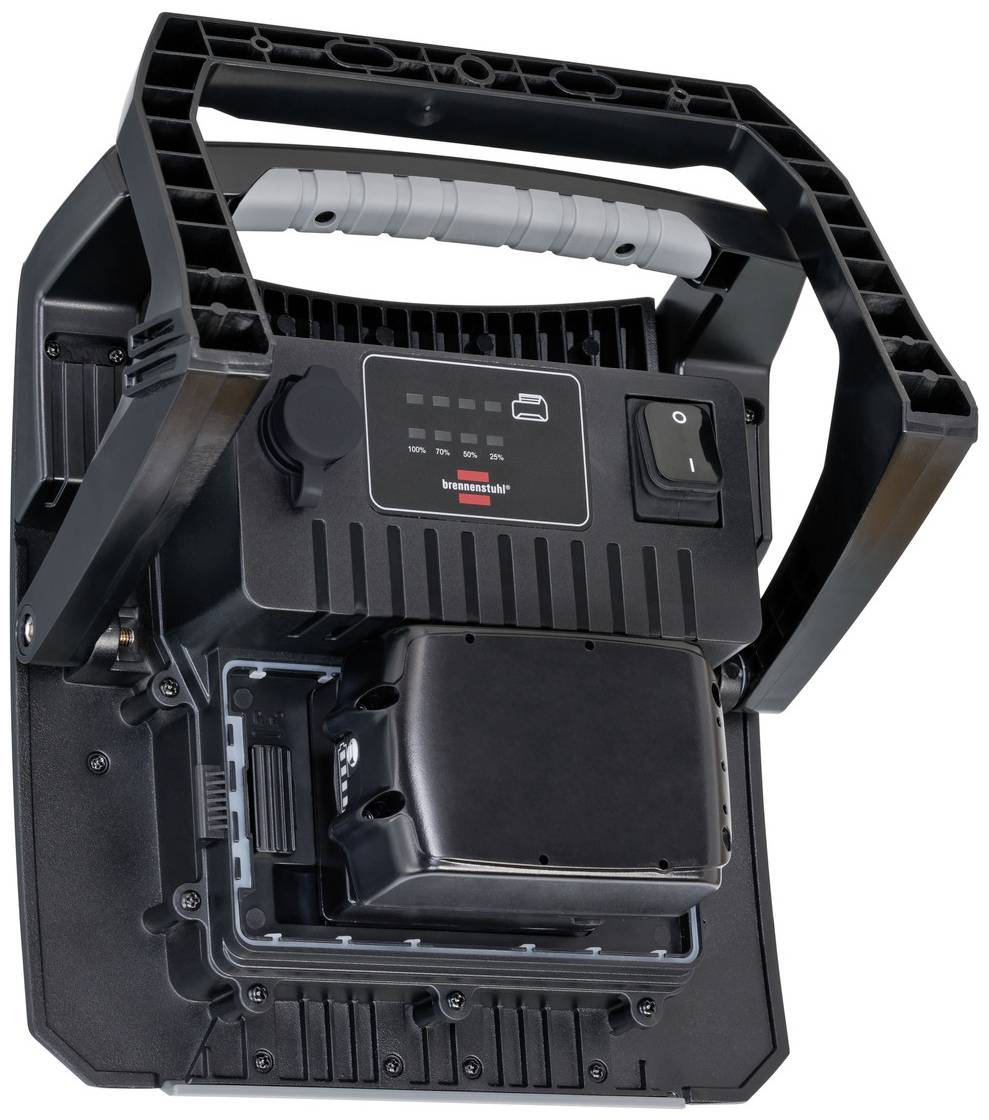 Ein tragbarer LED-Scheinwerfer mit robustem Griff und Steuerungstasten, geeignet für Arbeiten in dunklen Umgebungen.