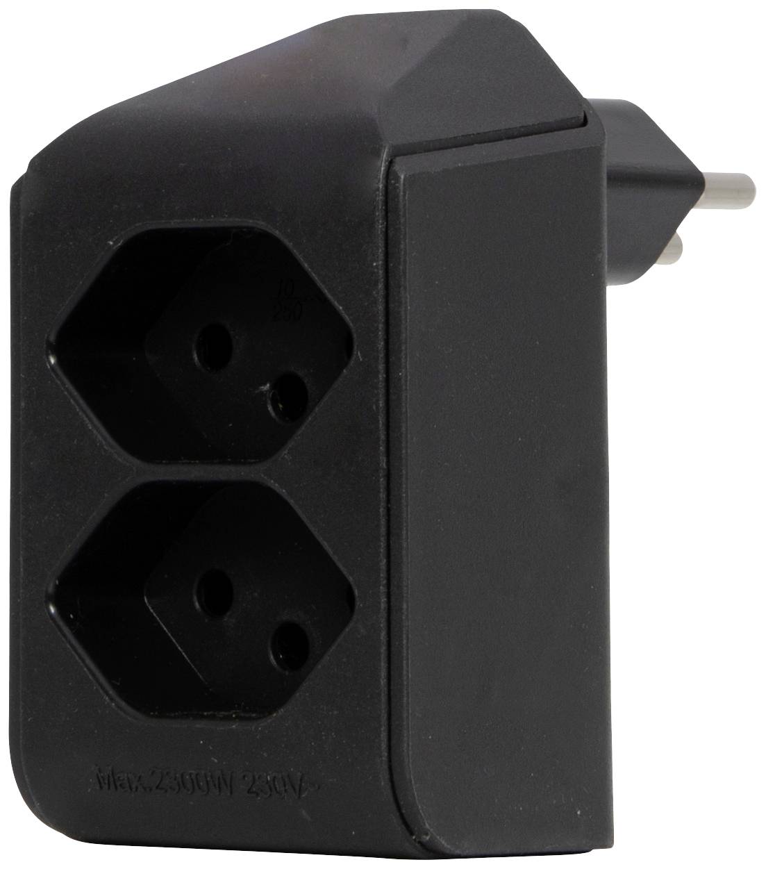 Schwarzer Steckdosenadapter mit zwei Schuko-Buchsen für europäische Steckdosen, seitliche Ansicht. Geeignet für 250V und 16A.