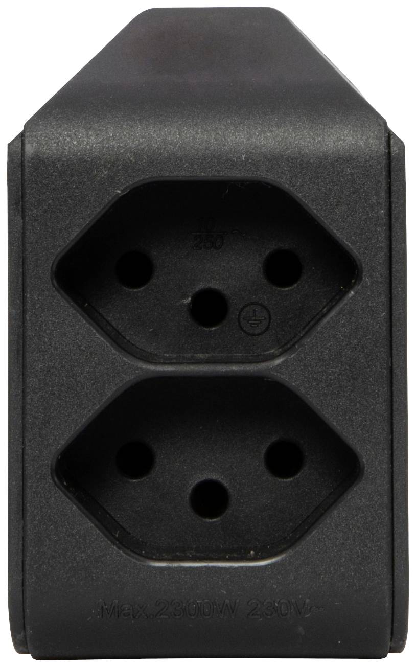 Ein schwarzer Doppelsteckeradapter mit zwei Steckdosenanschlüssen, geeignet für maximale Belastung von 250V, 2500W.