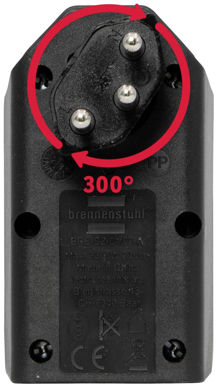 Schwarzer Adapter mit drei runden Steckkontakten, die in einem 300-Grad-Winkel angeordnet sind. Rote Pfeile zeigen Drehmechanismus.