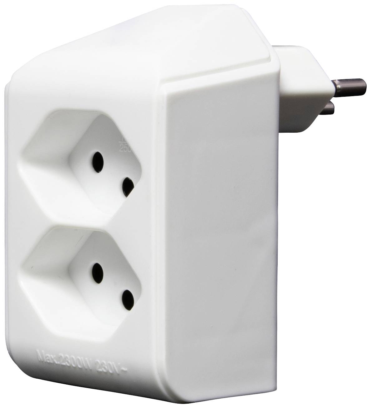Steckdosenadapter mit zwei Steckplätzen und einem Stecker für europäische Stromquellen. Weiße Farbe, plastisches Design.