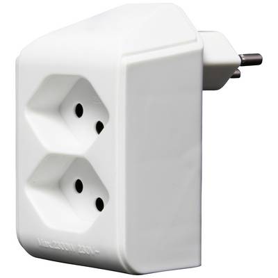 Steckdosenadapter mit zwei Steckplätzen und einem Stecker für europäische Stromquellen. Weiße Farbe, plastisches Design.