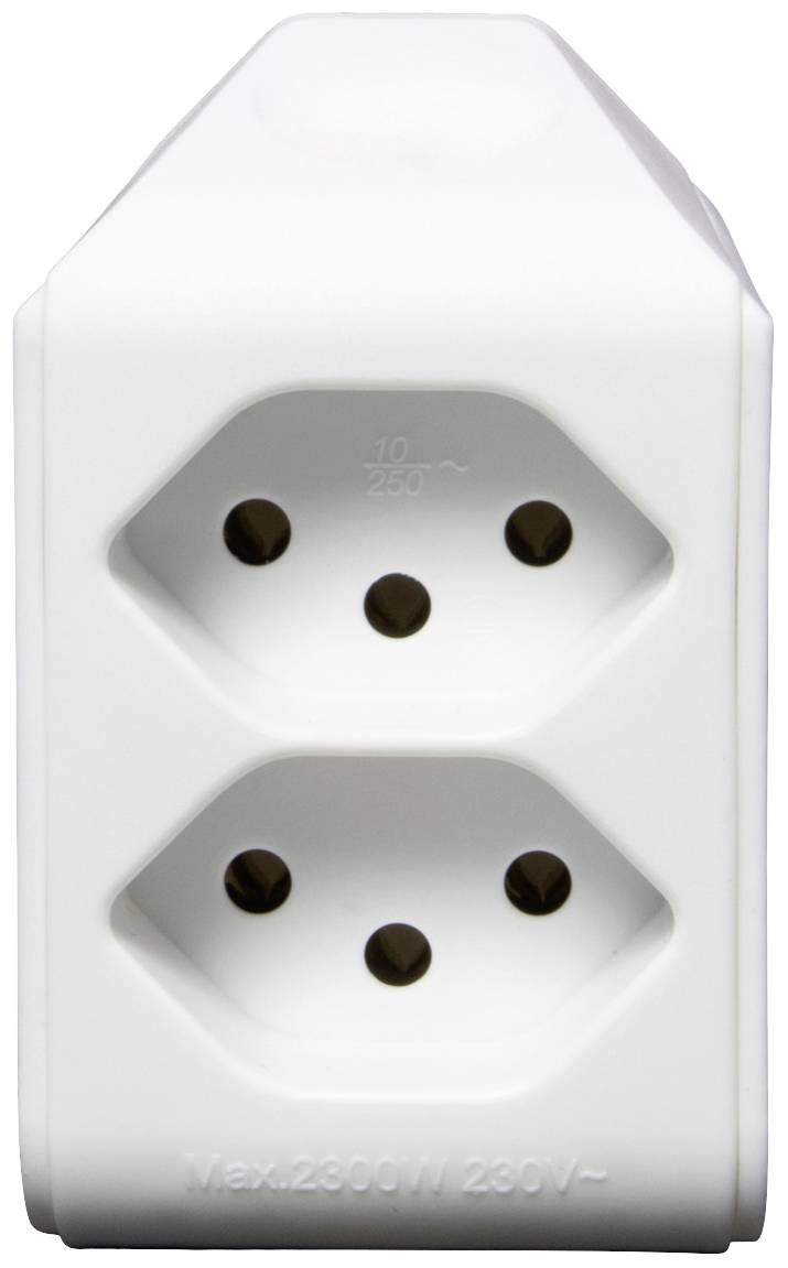 Weiße Doppelsteckdose mit zwei Steckplätzen übereinander, geeignet für max. 2300W, 230V.