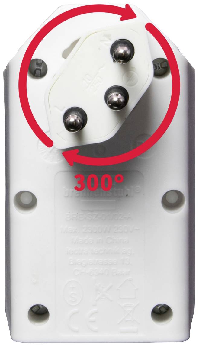 Ein elektrischer Stecker mit drei Metallkontakten, die sich um 300 Grad drehen können. Ein roter Pfeil zeigt die Drehrichtung an.