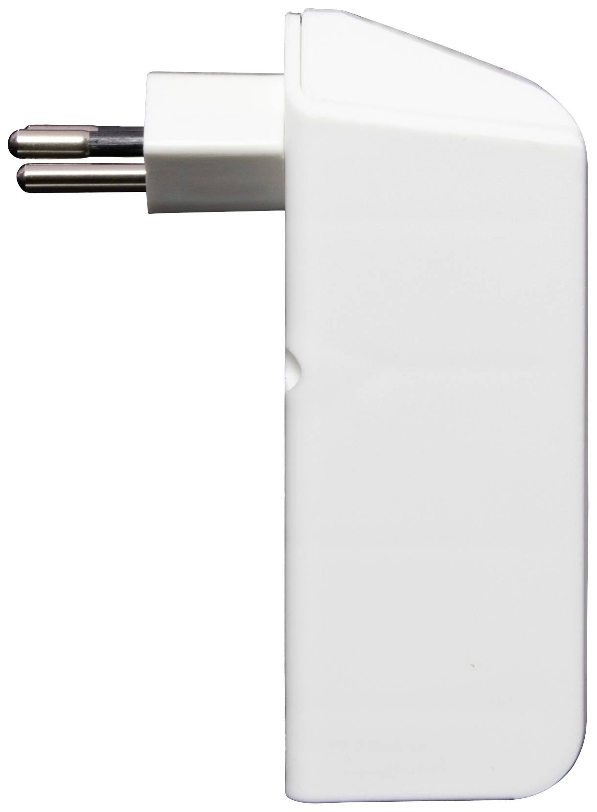 Weißer, stapelbarer Adapter mit zwei runden Metallstiften für die Steckdose, Seitenansicht.