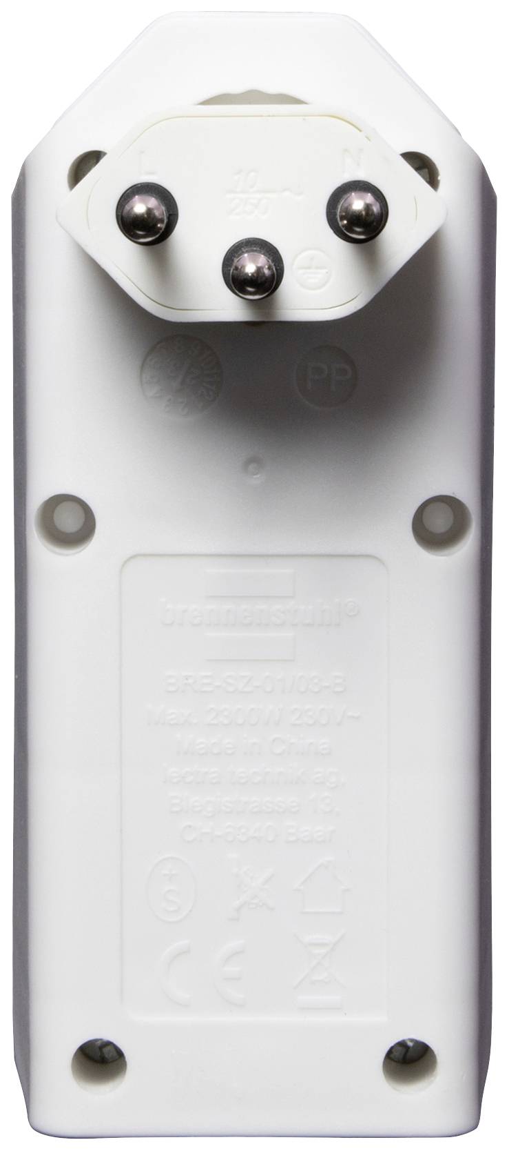 Rückseite eines elektrischen Geräts mit drei Metallkontakten und aufgedruckten Sicherheitshinweisen.