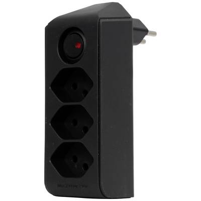 Schwarze Steckdosenleiste mit drei Steckplätzen und rotem Schalter, seitlich sichtbar, schwarzes Design, Wandstecker an der Rückseite.