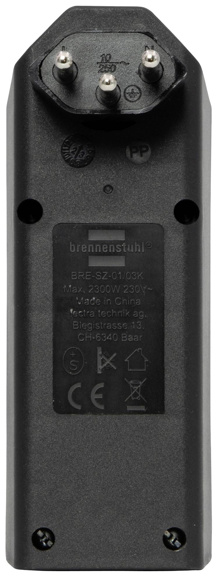 Schwarzes Ladegerät mit CE-Kennzeichnung und drei Stiften oben, darunter Produktinformationen und Sicherheits-Symbole.