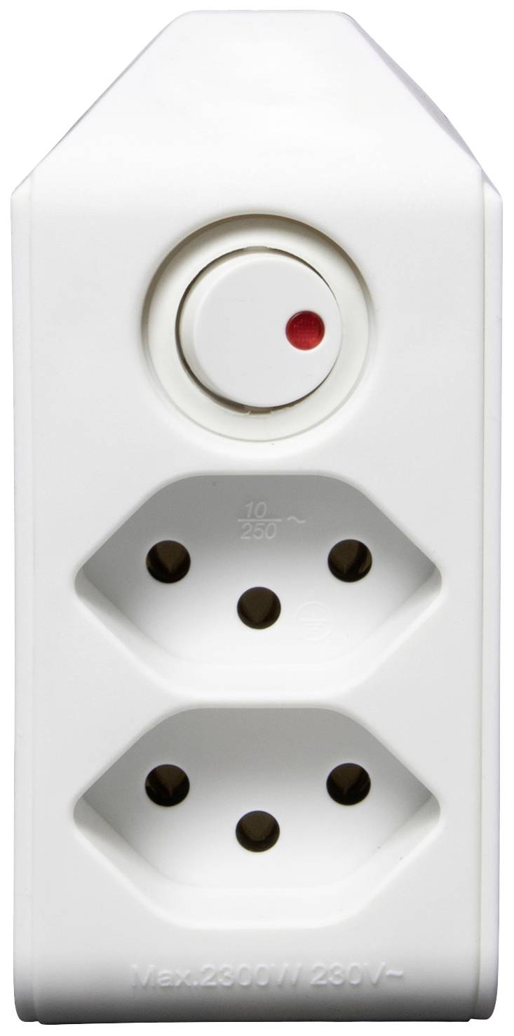 Weiße Steckdosenleiste mit zwei Steckplätzen und einem roten Ein-/Aus-Schalter. Text zeigt maximale Leistung von 2300W an.