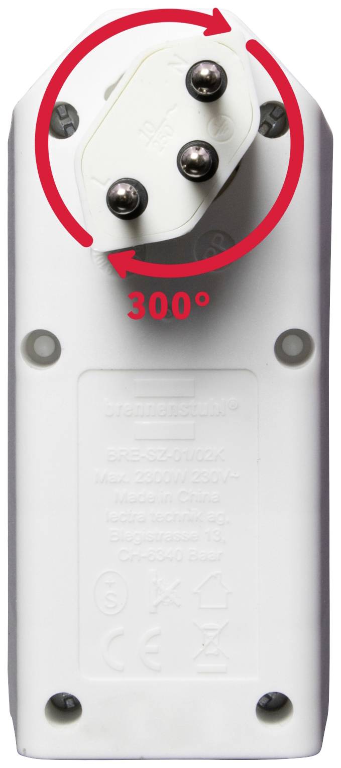 Rückseite eines elektrischen Geräts mit einem abgewinkelten Steckverbinder, der einen 300°-Drehwinkel zeigt.