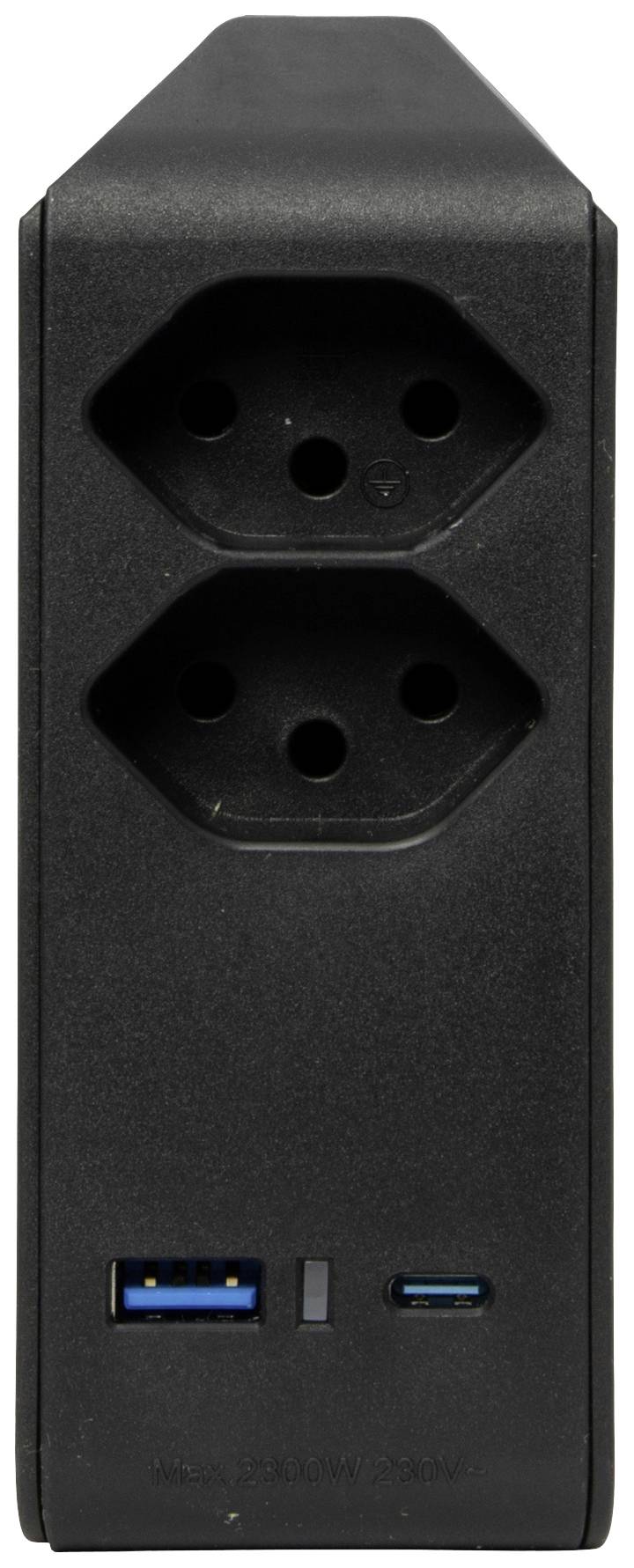Ein schwarzes Gerät mit zwei Steckdosen oben und zwei USB-Anschlüssen unten, geeignet für die Verbindung von elektrischen Geräten und USB-Geräten.