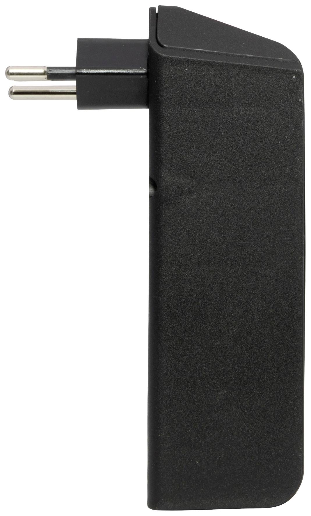 Ein schwarzes Steckernetzteil mit zwei runden Eurosteckern. Es ist seitlich aufrecht stehend zu sehen.