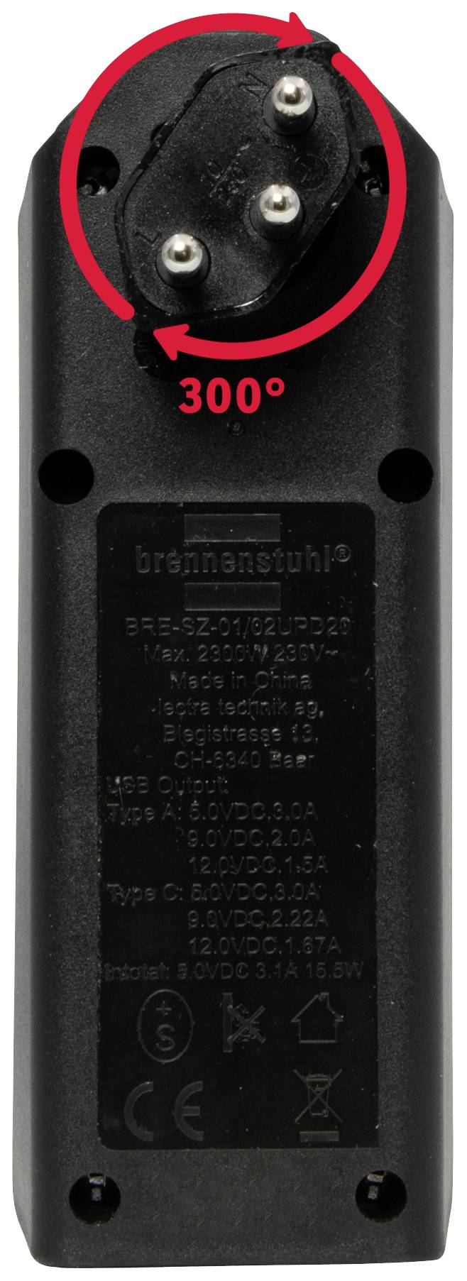 'Ein wiederaufladbarer Akku mit rotierbarem Anschluss, 300° drehbar. Geeignet für mehrere Marken, CE-gekennzeichnet.'