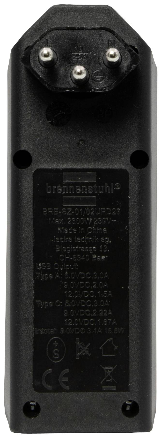 Schwarzes Ladegerät mit drei Metallstiften oben, Markenname und technische Daten auf der Rückseite. Geeignet für 250V und USB-Ausgang.