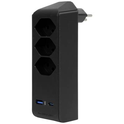 Schwarze Mehrfachsteckdose mit drei Steckplätzen und zwei USB-Anschlüssen, seitlich leicht geneigt.