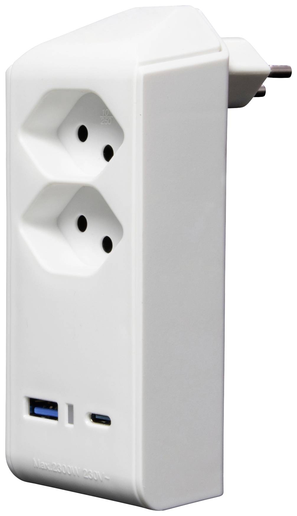 Steckdosenadapter mit zwei Steckplätzen und zwei USB-Anschlüssen, geeignet für den Einsatz in der Wand, weißes Kunststoffgehäuse.