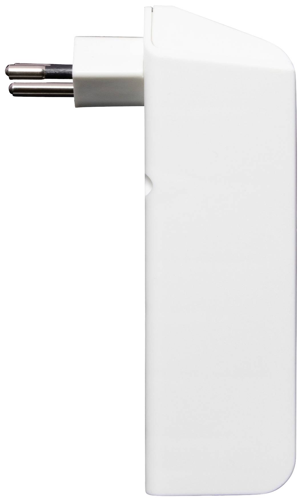 Ein weißer, seitlich abgebildeter elektrischer Stecker mit zwei runden Metallstiften und einem flachen Kunststoffgehäuse.