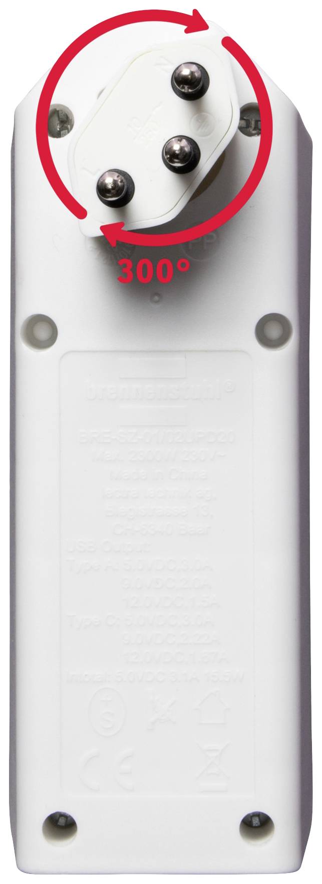 Rückseite eines elektrischen Geräts mit einem drehbaren Anschlusskopf, der um 300 Grad gedreht werden kann.