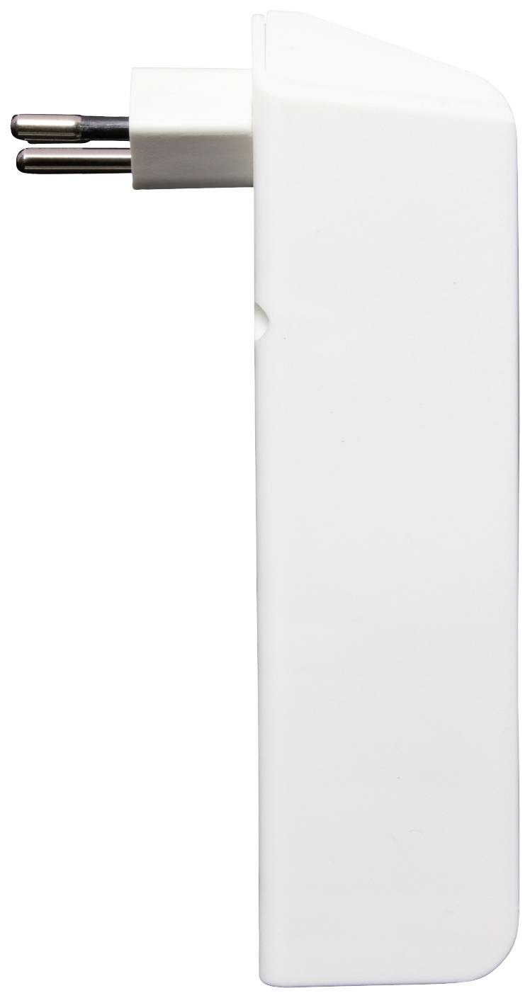 Ein weißer, vertikal ausgerichteter Steckdosenadapter mit europäischem Steckerprofil, seitlich betrachtet.