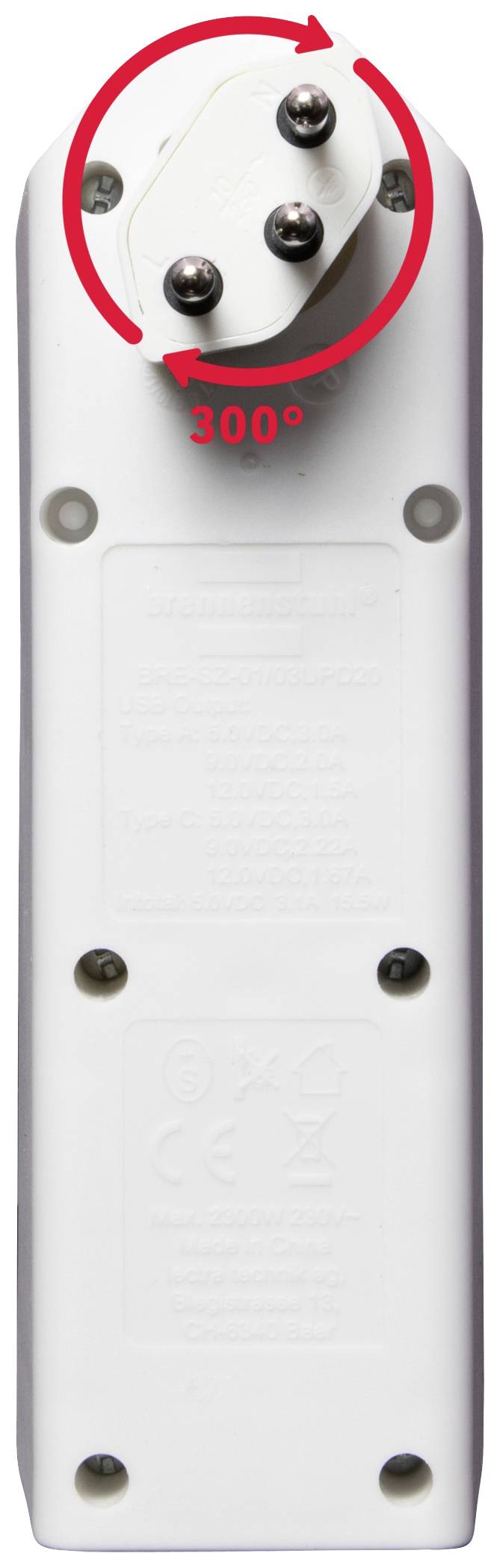 Ein weißes technisches Gerät mit abgerundeten Kanten und Schrauben. Ein roter Pfeil zeigt eine 300°-Drehung oben an.