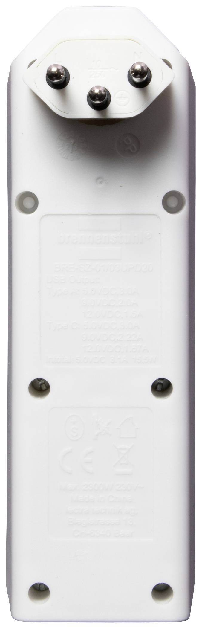 Ein weißes elektrisches Gerät mit einer dreipoligen Steckverbindung und mehreren Schrauben auf der Rückseite.