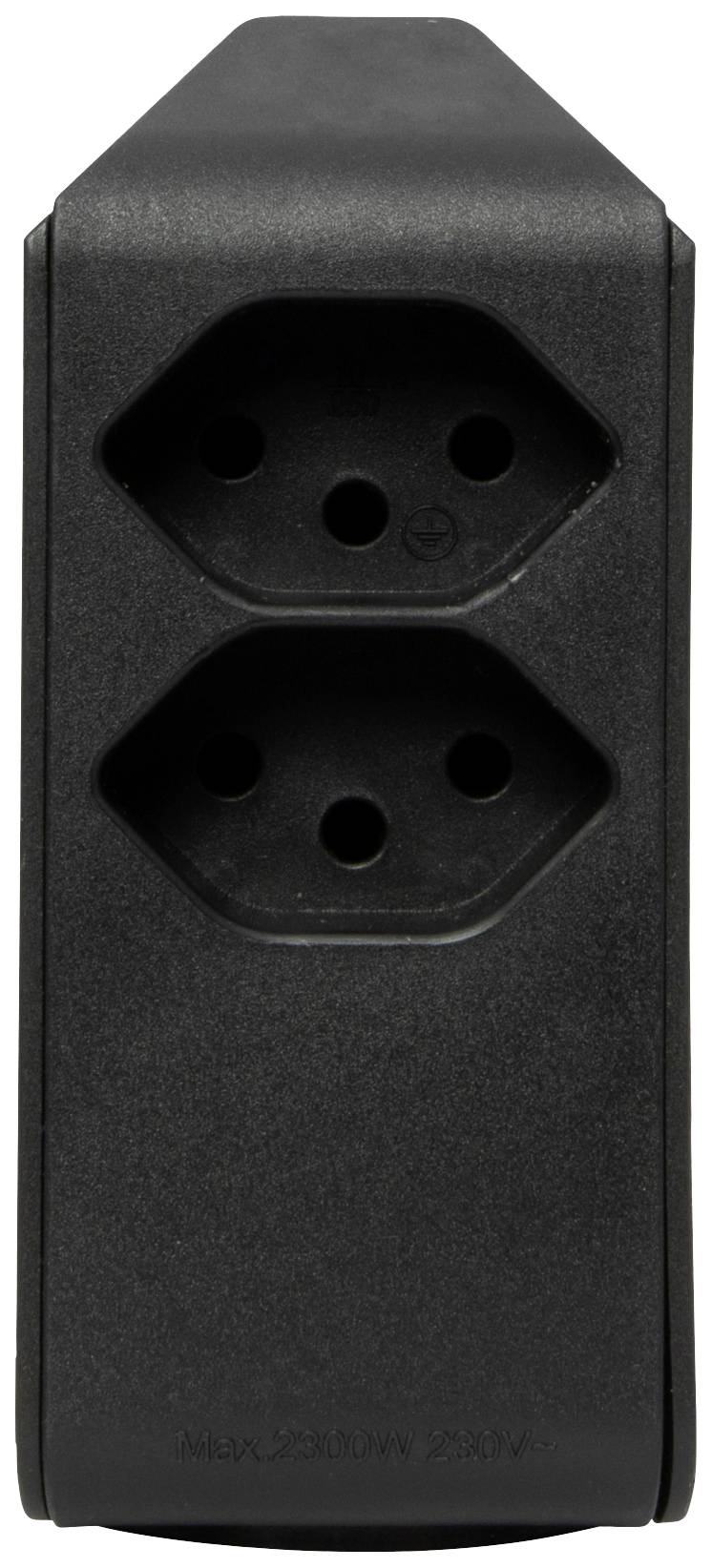 Ein schwarzer Adapter mit zwei sechseckigen Steckdosen, vertikal angeordnet.