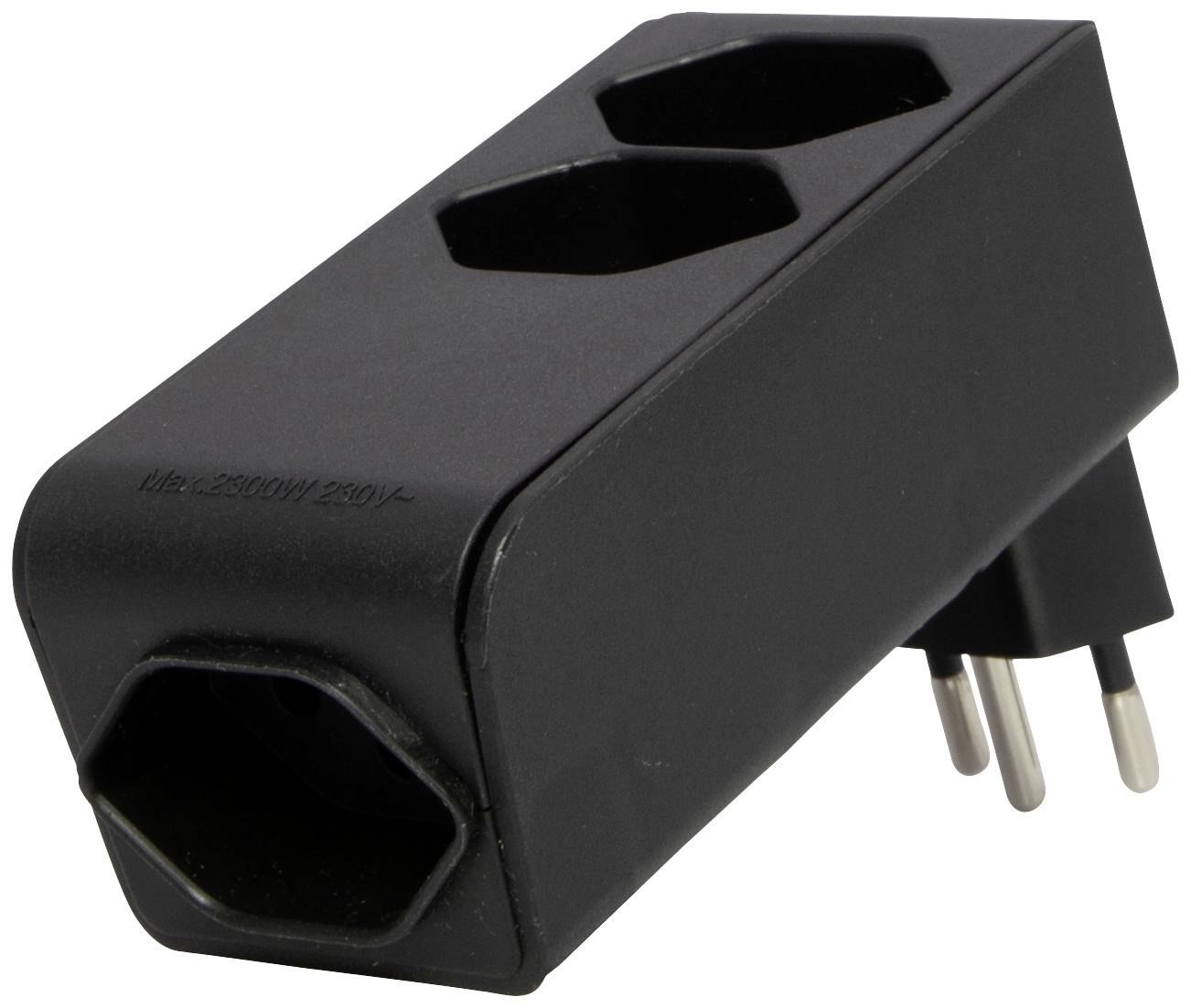 Ein schwarzer, rechteckiger Adapter mit zwei Steckdosenöffnungen und einem Stecker, geeignet für Stromverbindungen.
