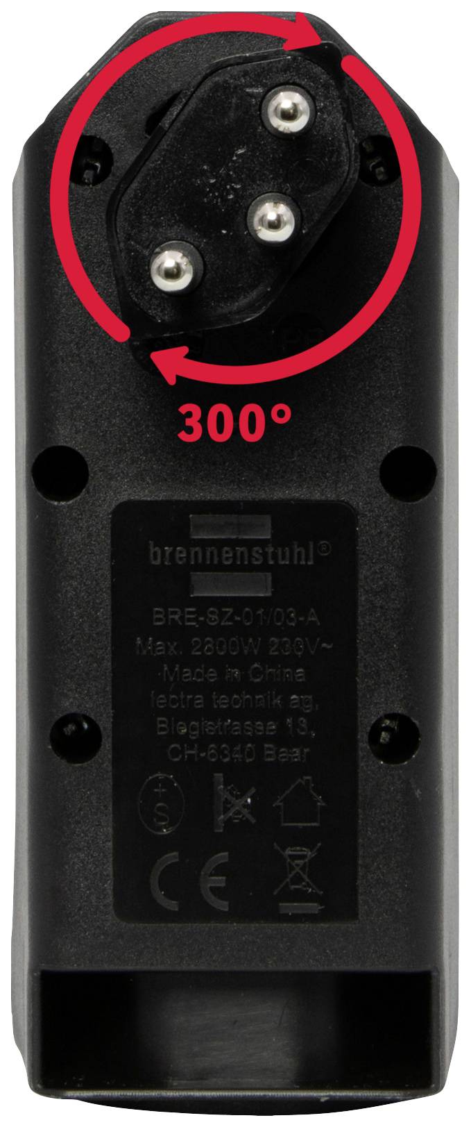 Schwarzer Geräteadapter von hinten mit rotem Pfeil zeigt 300°-Drehwinkel. Markenname und technische Details sind aufgedruckt.
