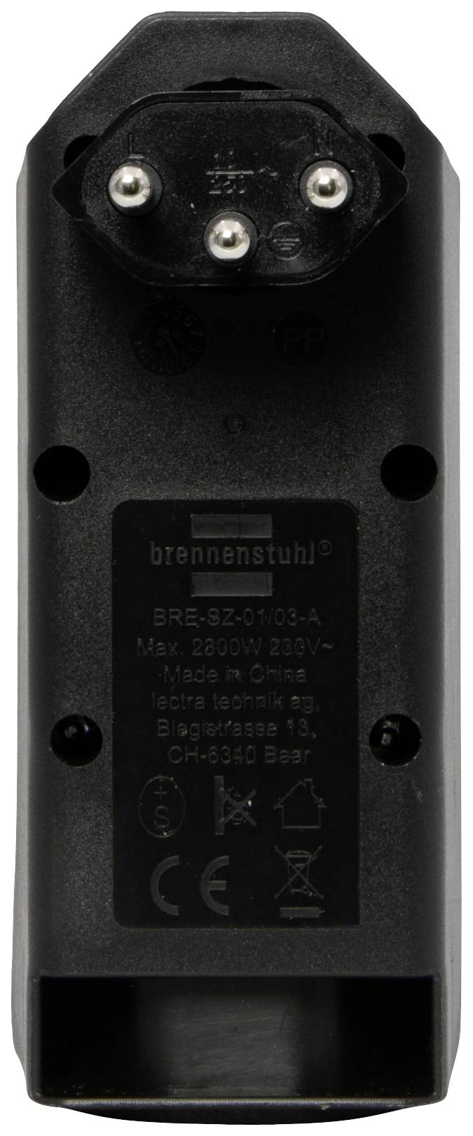 'Brennenstuhl' Steckdosenadapter, schwarz. Zeigt Oberseite mit zwei Steckdosen und technische Details auf der Rückseite.