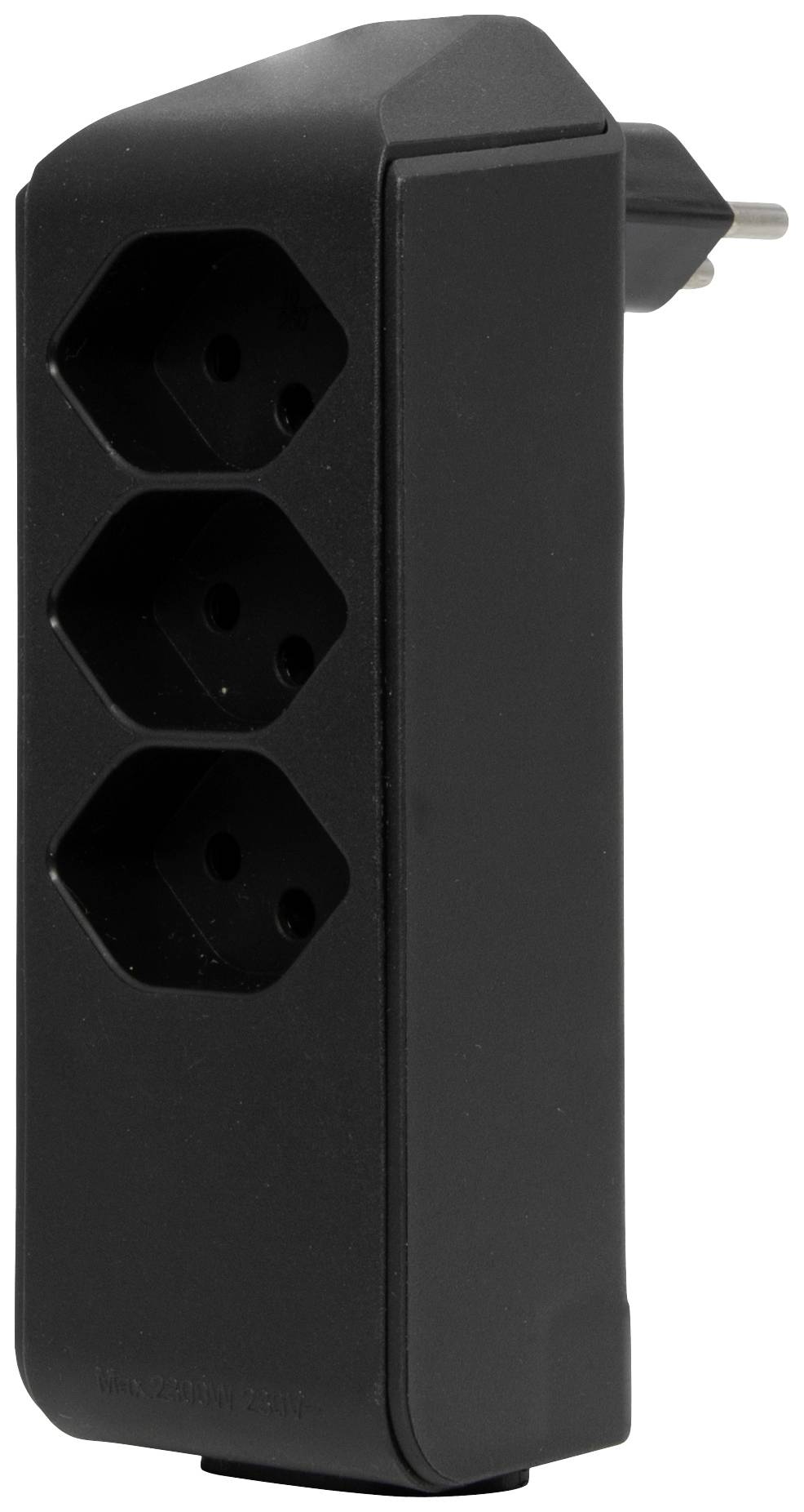 Schwarze Steckdosenleiste mit drei Steckplätzen, seitlich angebrachtem Stecker. Kompaktes Design für platzsparende Nutzung.