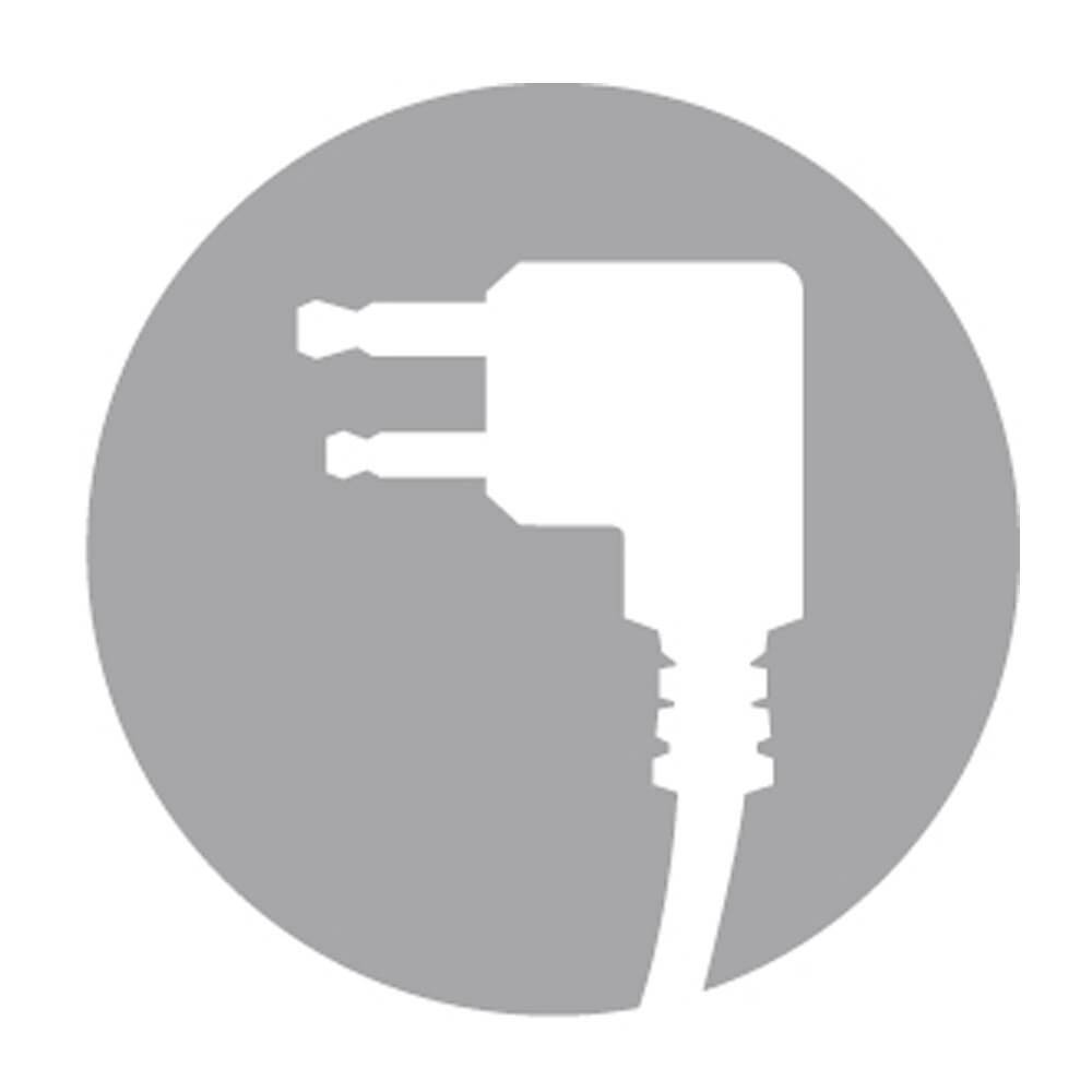 Ein weißer Stecker auf grauem Kreis-Hintergrund, symbolisiert Elektrizität oder Steckverbindungen.