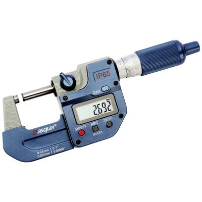 Mikrometer mit digitalem Display zeigt '28,92'. Gerät in Blau mit silbernen Details, Anzeige- und Einstellknöpfen.