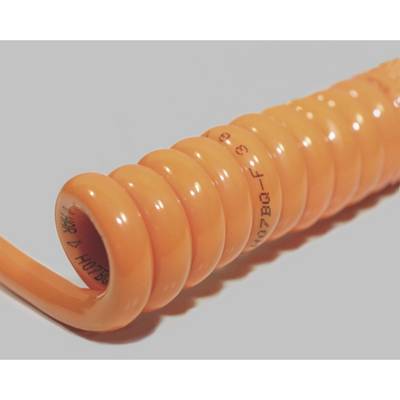 Ein orange Spiralkabel, das eng gewickelt ist und eine aufgedruckte Nummer oder Kennzeichnung aufweist.