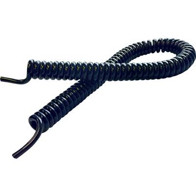 Ein schwarzes, spiralförmiges Kabel, das in zwei Schlaufen gelegt ist, vor weißem Hintergrund.
