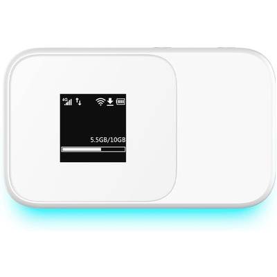 Ein tragbarer WLAN-Router mit kleinem Display, das 4G-Verbindung, WLAN-Signal und Datenverbrauch von '5,5 GB/10 GB' anzeigt.