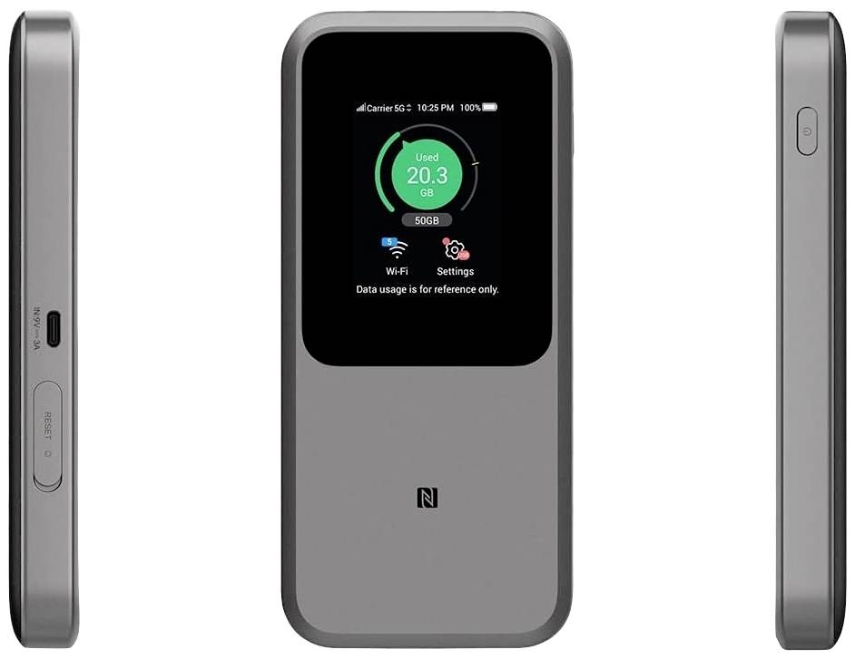 Ein tragbarer Wi-Fi-Hotspot mit OLED-Display zeigt Datenverbrauch, Batteriestand und Wi-Fi-Status. Seitenansicht zeigt Anschlüsse.