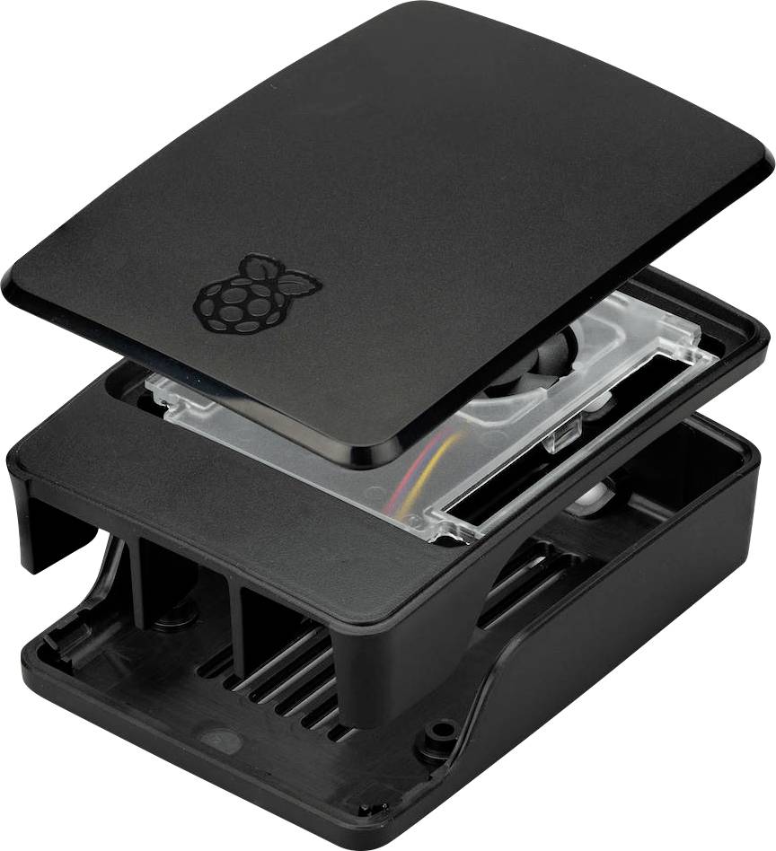 Ein teilweise geöffnetes schwarzes Gehäuse für einen Raspberry Pi mit sichtbarer interner Verkabelung und Anschlüssen. Das Raspberry Pi Logo befindet sich auf der oberen Abdeckung.