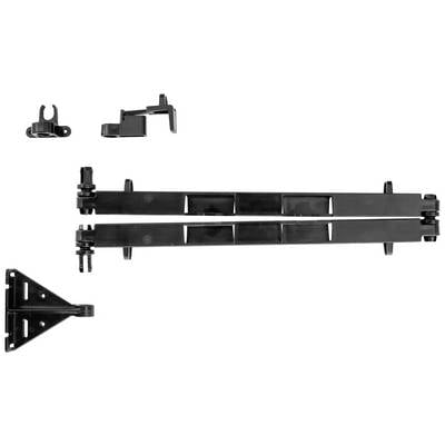 Ein schwarzes Gartentorband-Set, bestehend aus zwei langen Bändern und mehreren Befestigungselementen.