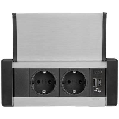 Kompakte Steckdosenleiste mit zwei Schuko-Steckdosen und zwei USB-Ladeanschlüssen, silberfarbenes Gehäuse, geeignet für Arbeitsplätze.
