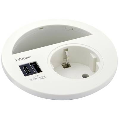 Eine weiße Tischsteckdose mit USB-A und USB-C Anschlüssen sowie einer Steckdose. Markierung 'EVOline' neben den Anschlüssen.