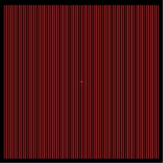 Rote vertikale Linien vor schwarzem Hintergrund mit einem roten Punkt in der Mitte des Bildes. Optische Illusion durch Kontrast.