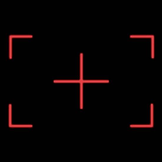 Rote Fadenkreuz-Markierung auf schwarzem Hintergrund, die typischerweise für die Zielerfassung in Kameras oder elektronischen Geräten verwendet wird.